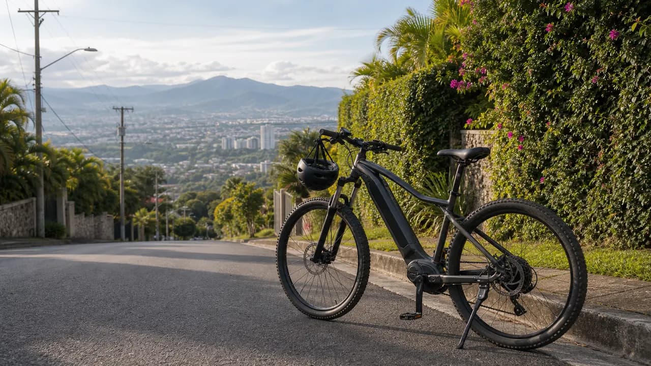 Electric mountain bike parked on a steep Escazu street