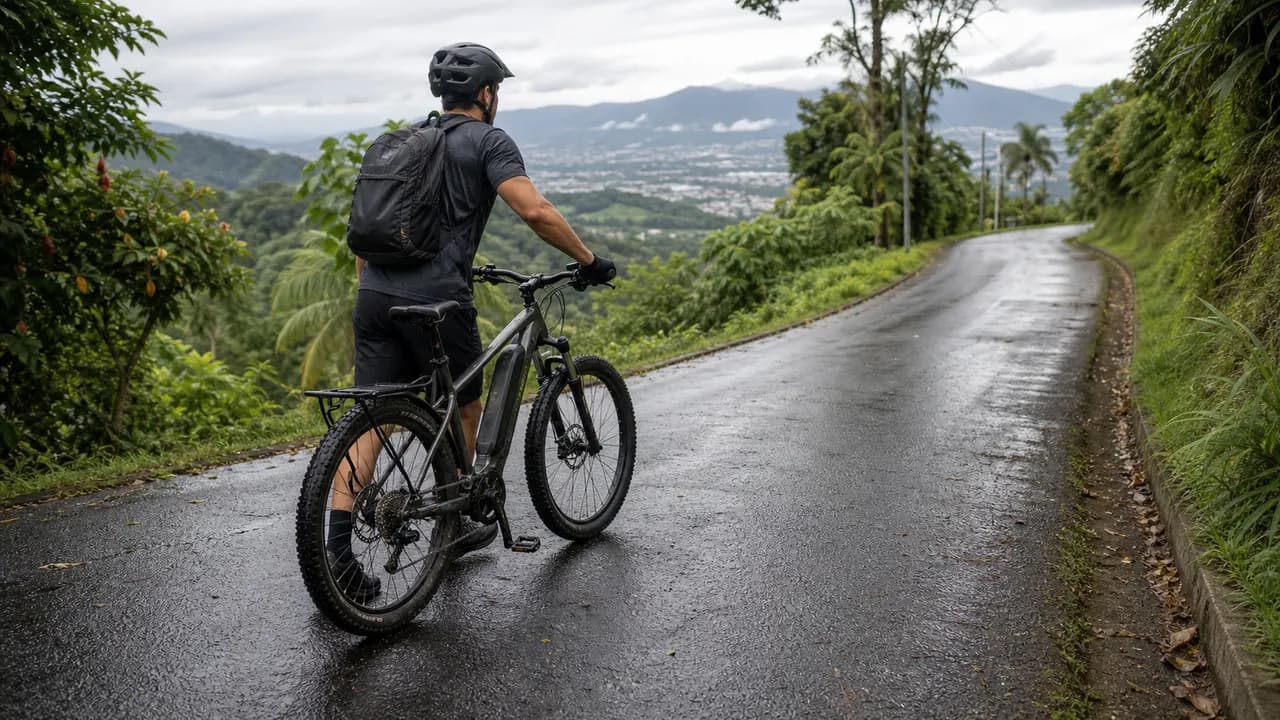 E-bike drivetrain and brakes on a steep Costa Rica hill road