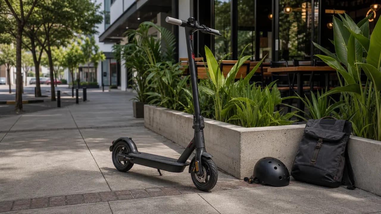 Electric scooter parked outside a San Jose cafe for a daily commute