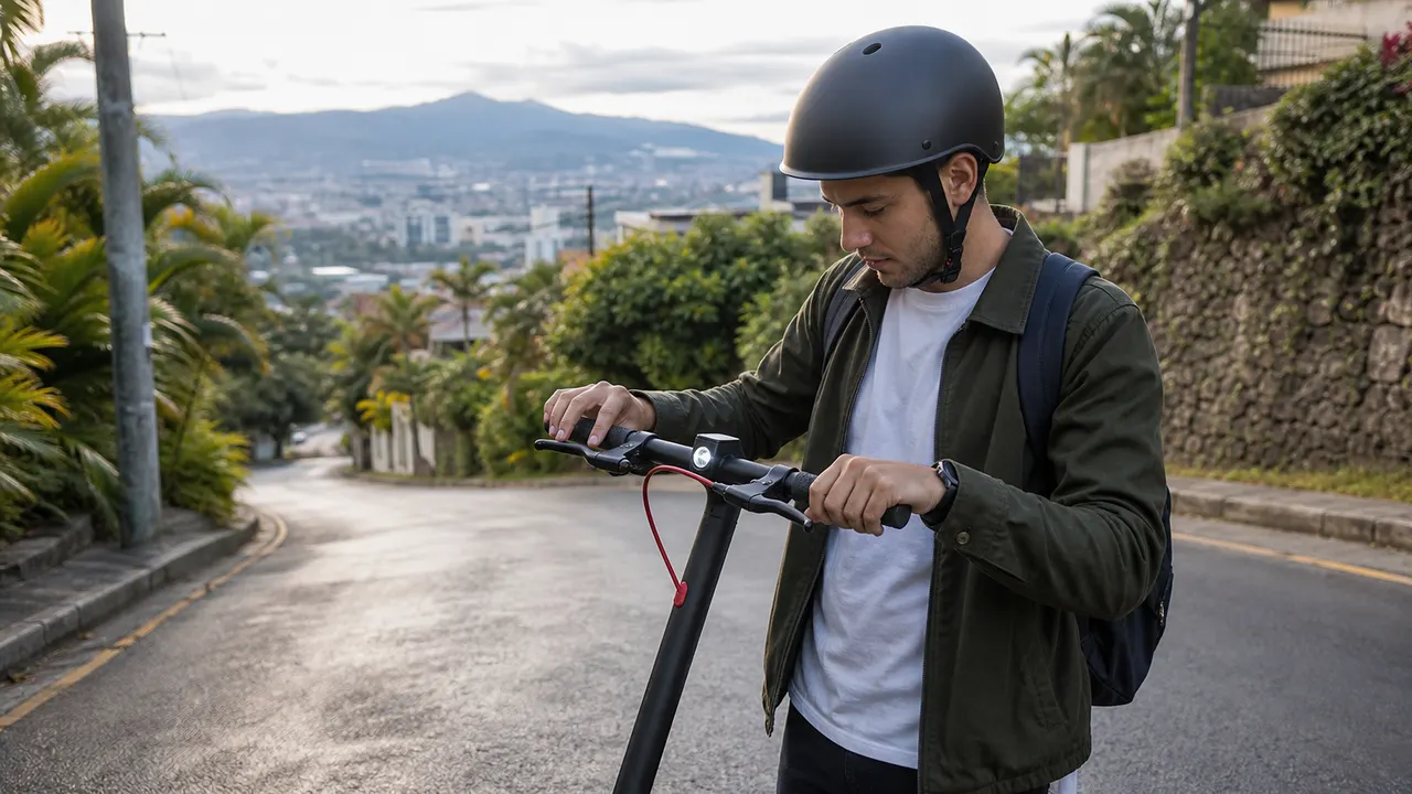 Rider checking an electric scooter before a San Jose commute