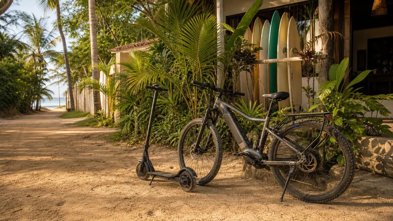Scooter and e-bike parked near a Santa Teresa beach hotel