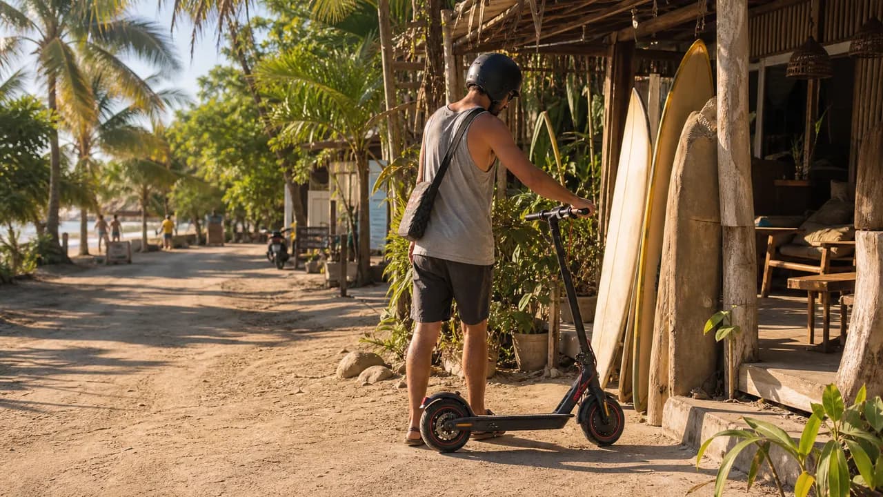 Electric scooter parked near surfboards on a Santa Teresa beach road