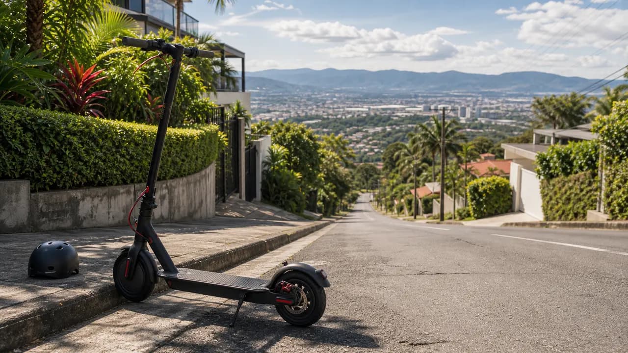 Scooter electrico estacionado con seguridad en una calle empinada