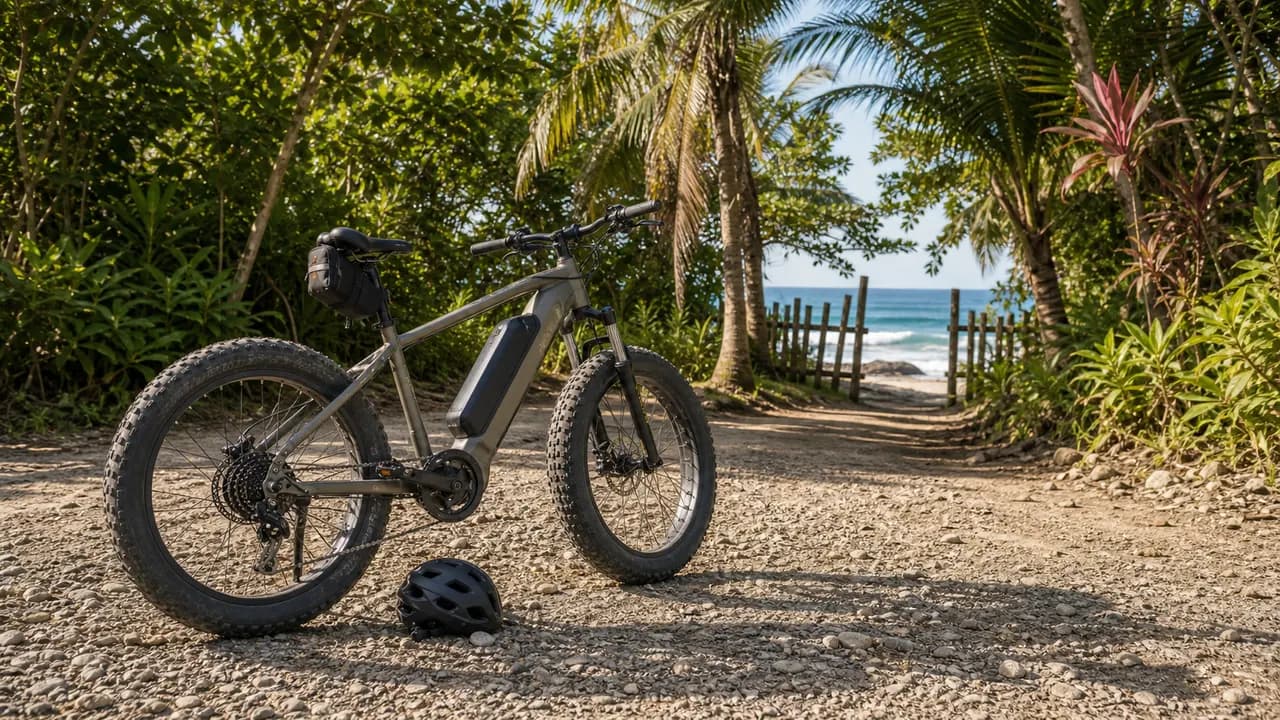 Fat-tire e-bike parked on a gravel beach access road