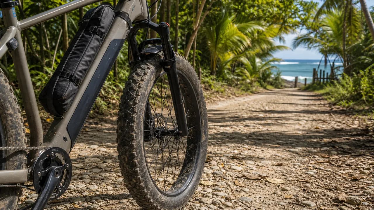 Dusty fat-tire e-bike detail on a Costa Rica beach access road