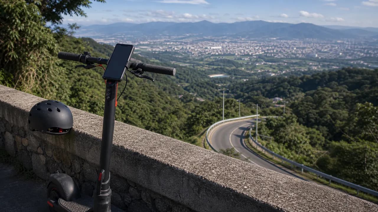 Electric scooter parked at a viewpoint above a winding Costa Rica road
