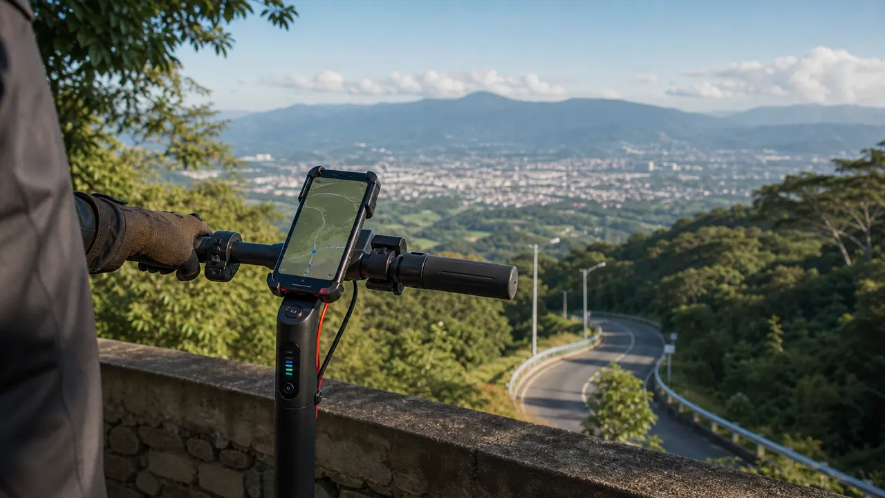 Scooter handlebar and route planning view from a Costa Rica overlook