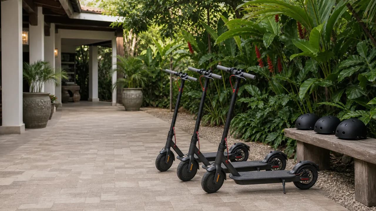 Flota de scooters de hotel preparada con cascos en patio tropical