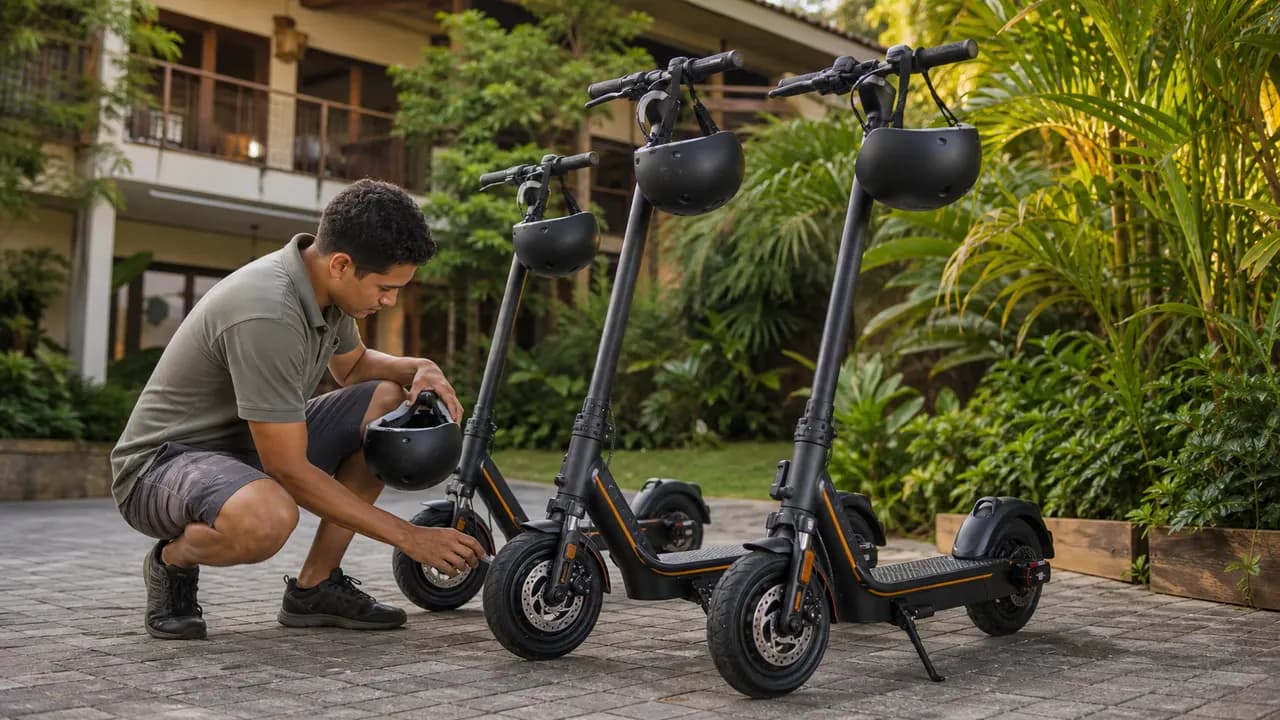 Personal de hotel preparando scooters electricos y cascos para tours