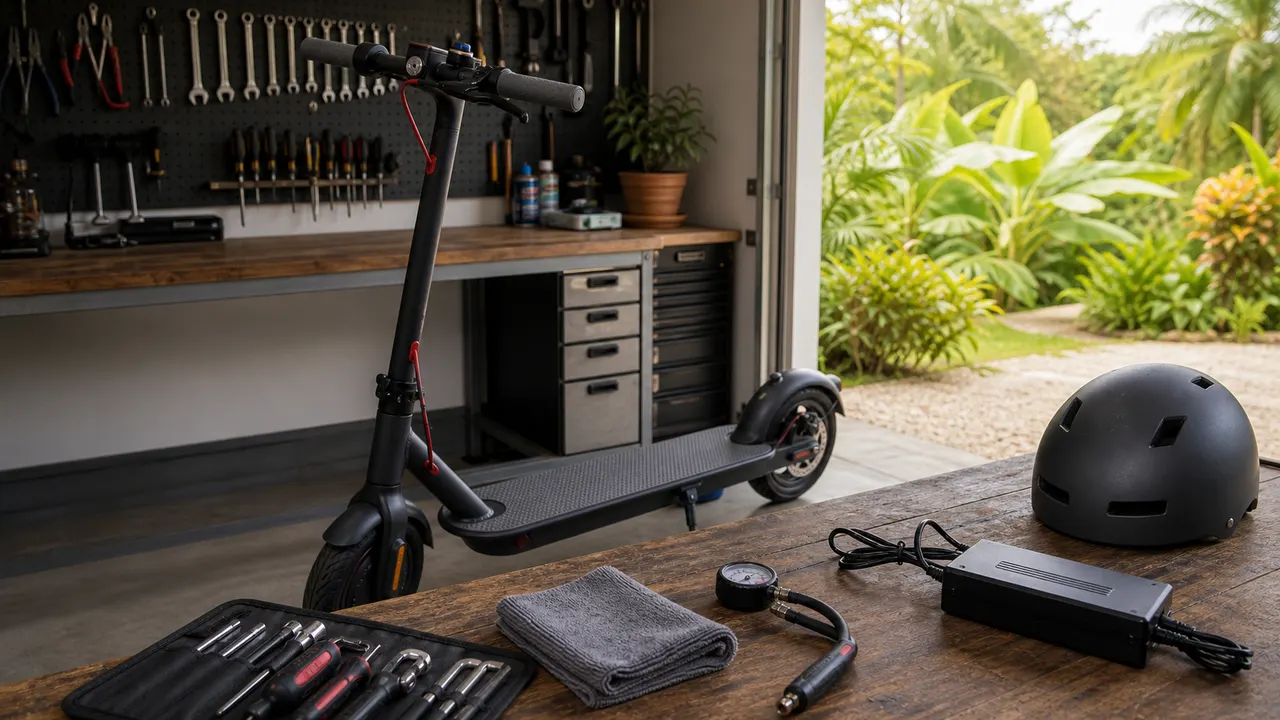 Closed scooter beside safe battery care tools in a dry workshop