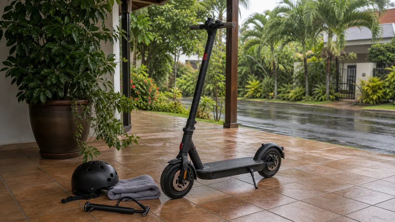 Scooter electrico en patio cubierto seco con herramientas para lluvia