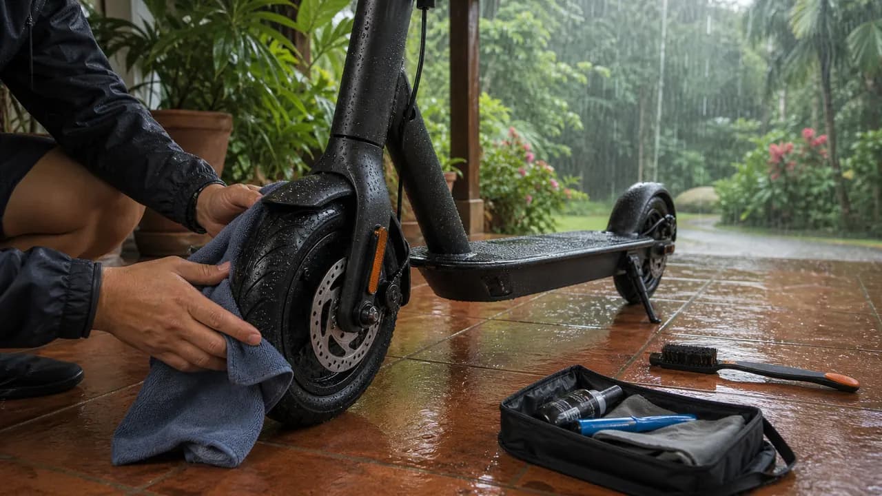 Secado de frenos y llantas de scooter en patio cubierto durante lluvia