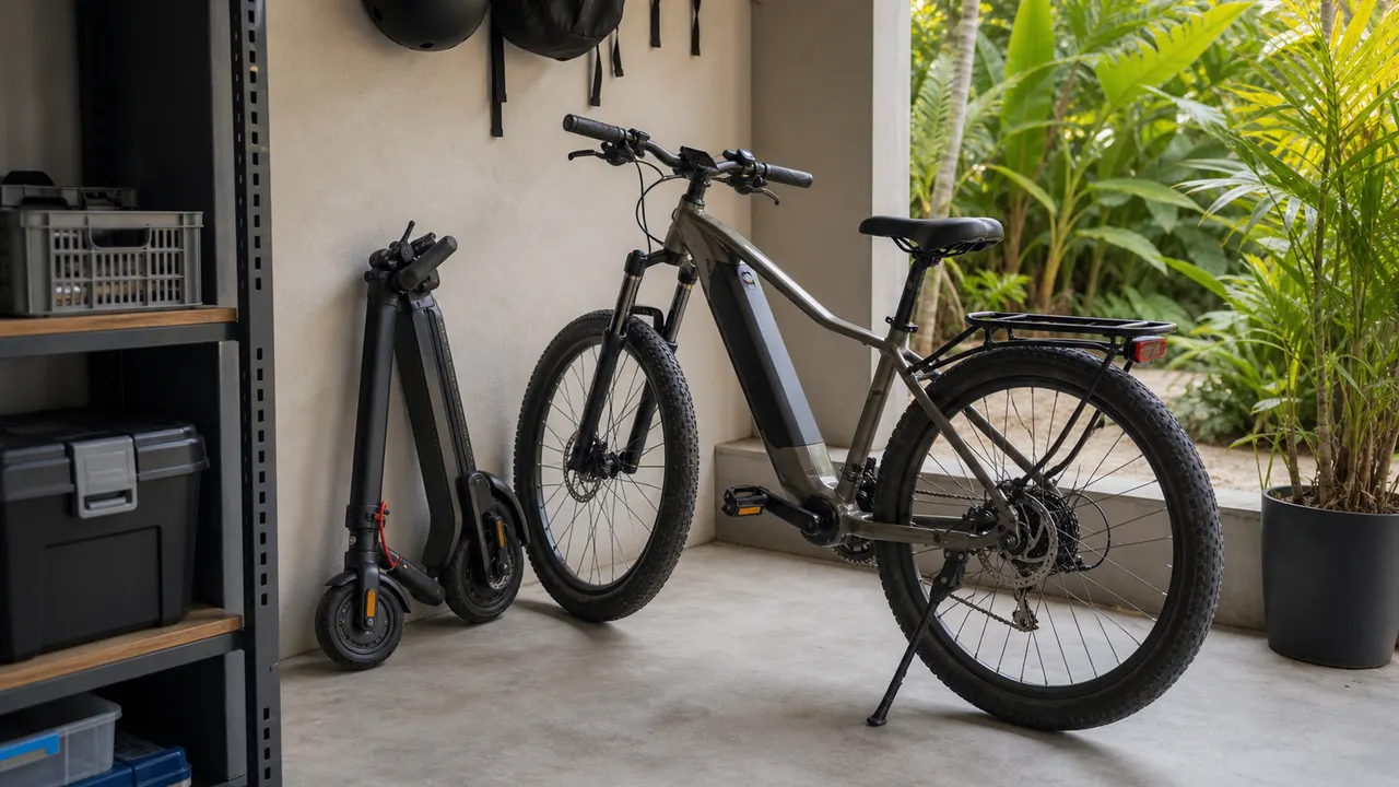 Folded scooter and e-bike stored in a covered apartment parking area