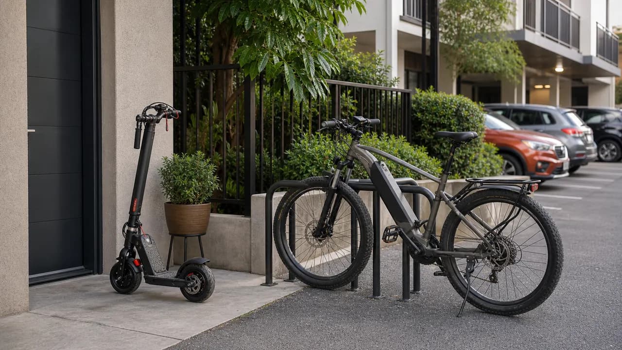 Folded electric scooter and e-bike compared for apartment storage