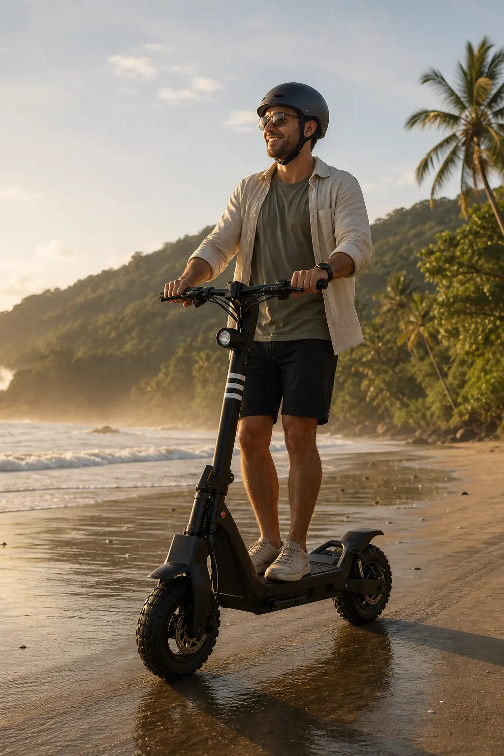 Persona conduciendo un scooter electrico en una playa de Costa Rica