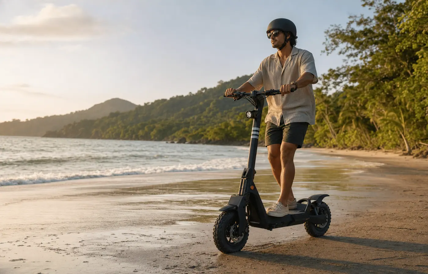 Electric scooter rider on the coast of Costa Rica