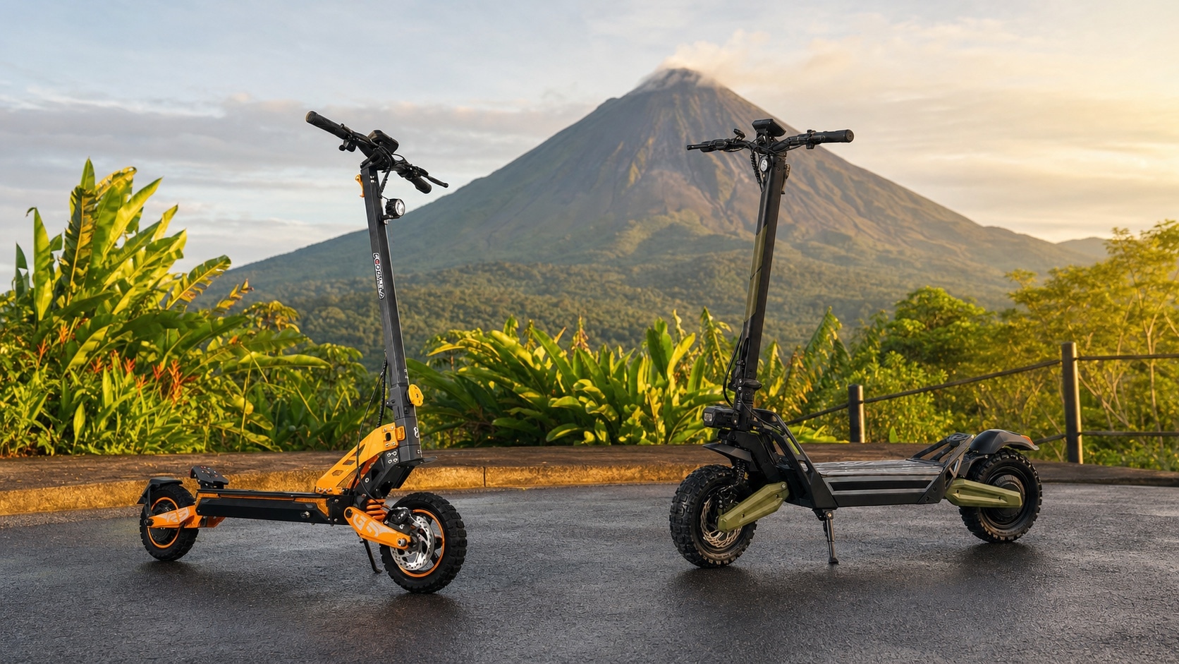 Formula E-Scooter G3 y OKAI ESM4 fotografiados frente al volcán Arenal en Costa Rica