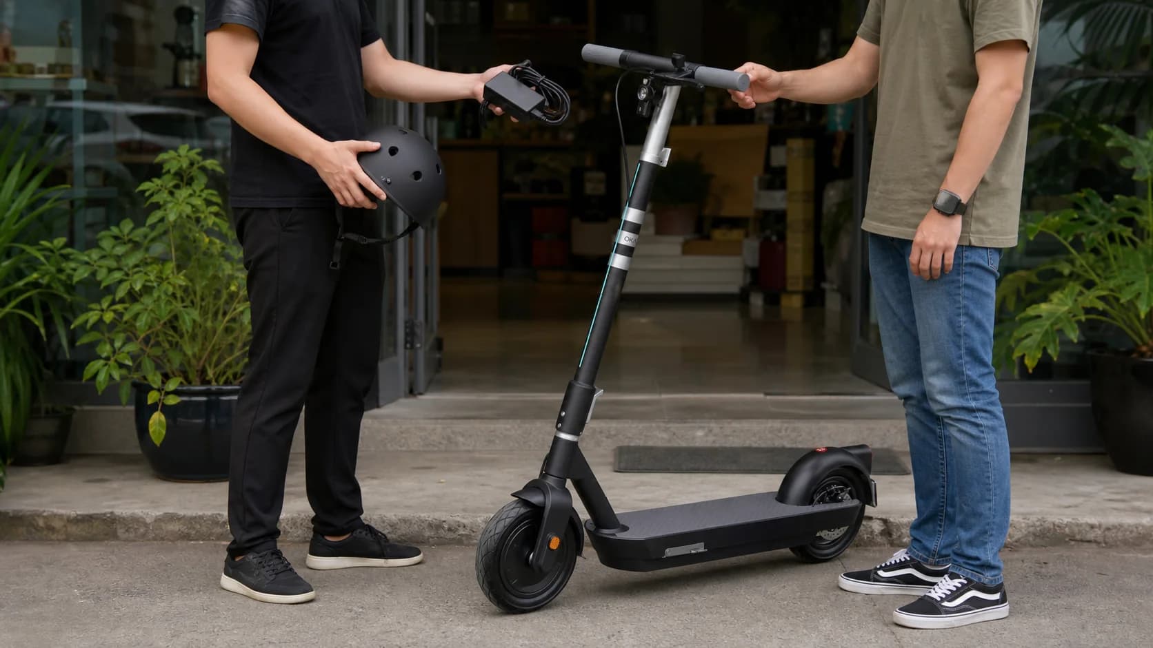 Entrega profesional de un scooter OKAI con casco y cargador