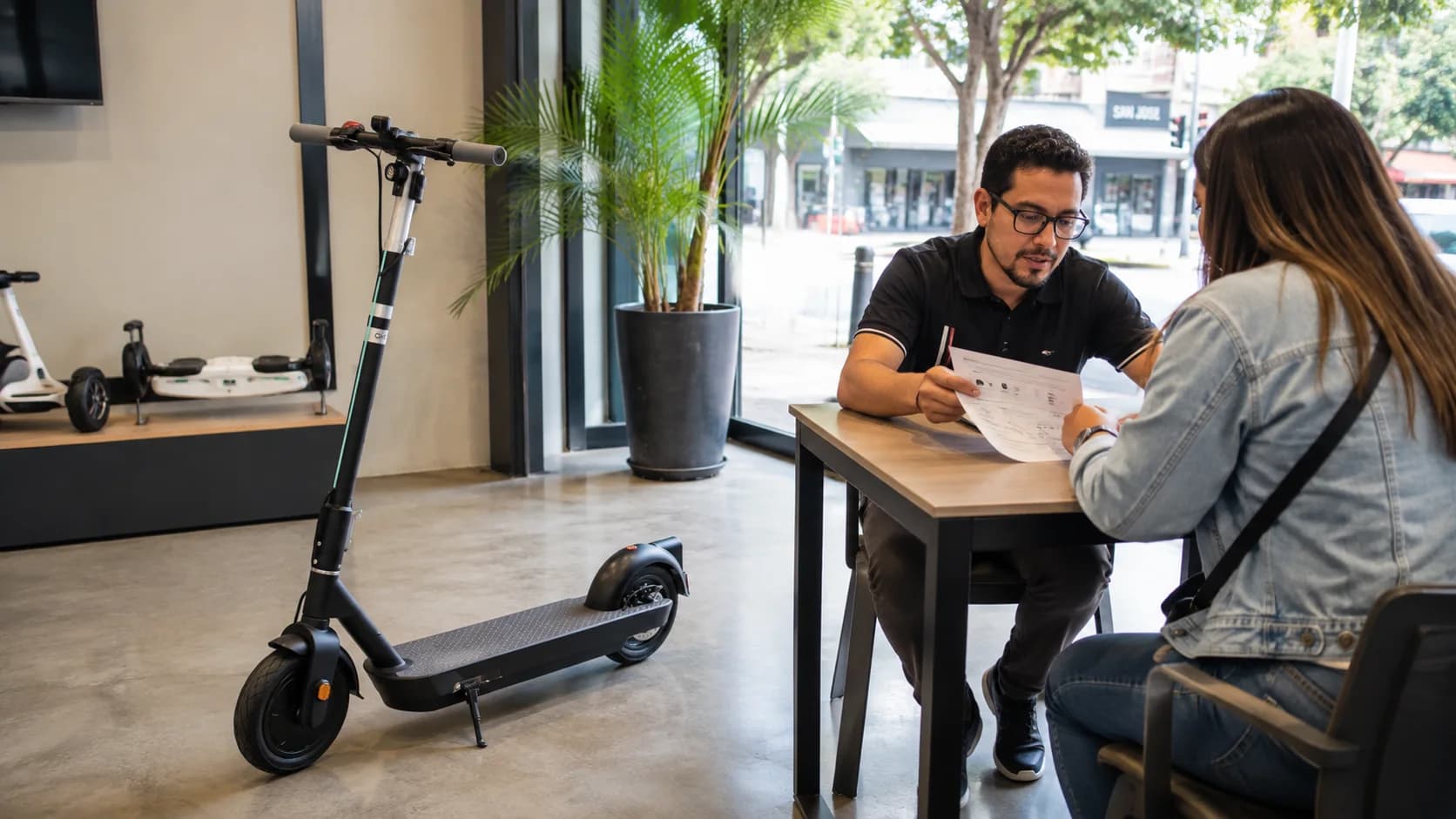 Cliente revisando las condiciones de compra de un scooter OKAI en Costa Rica