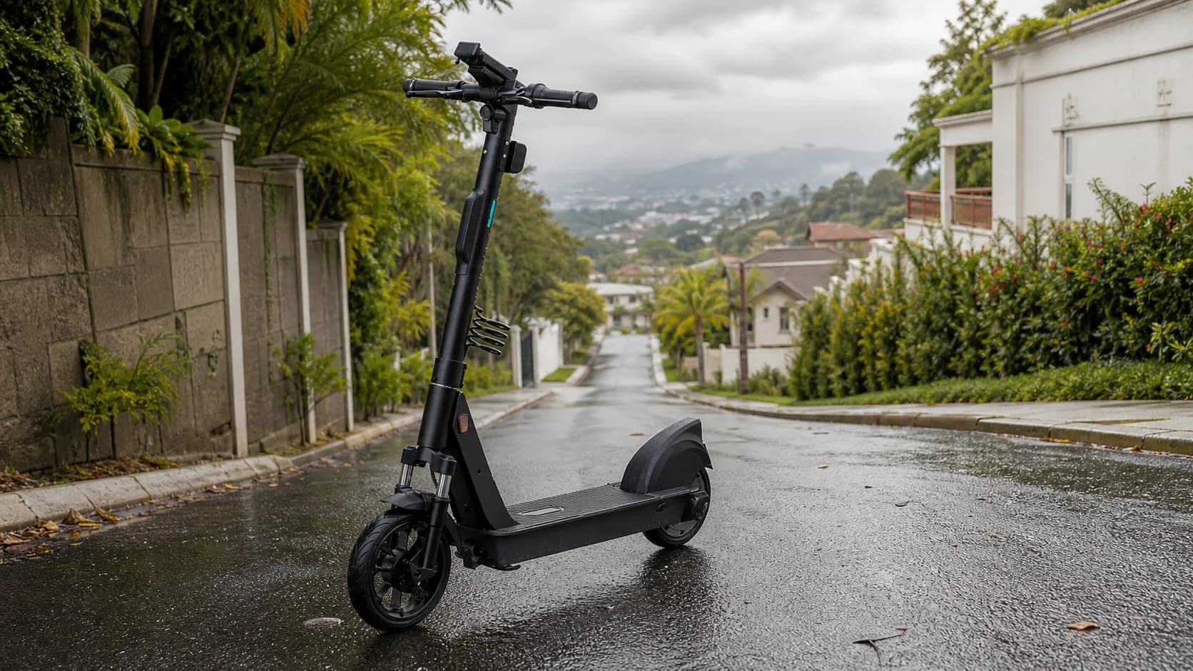 OKAI ESM4 electric scooter on a wet hill in Escazú, Costa Rica
