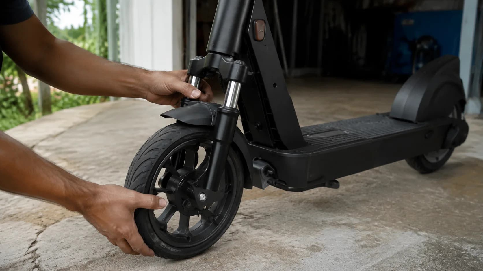 Professional inspection of the OKAI ESM4 tire and suspension