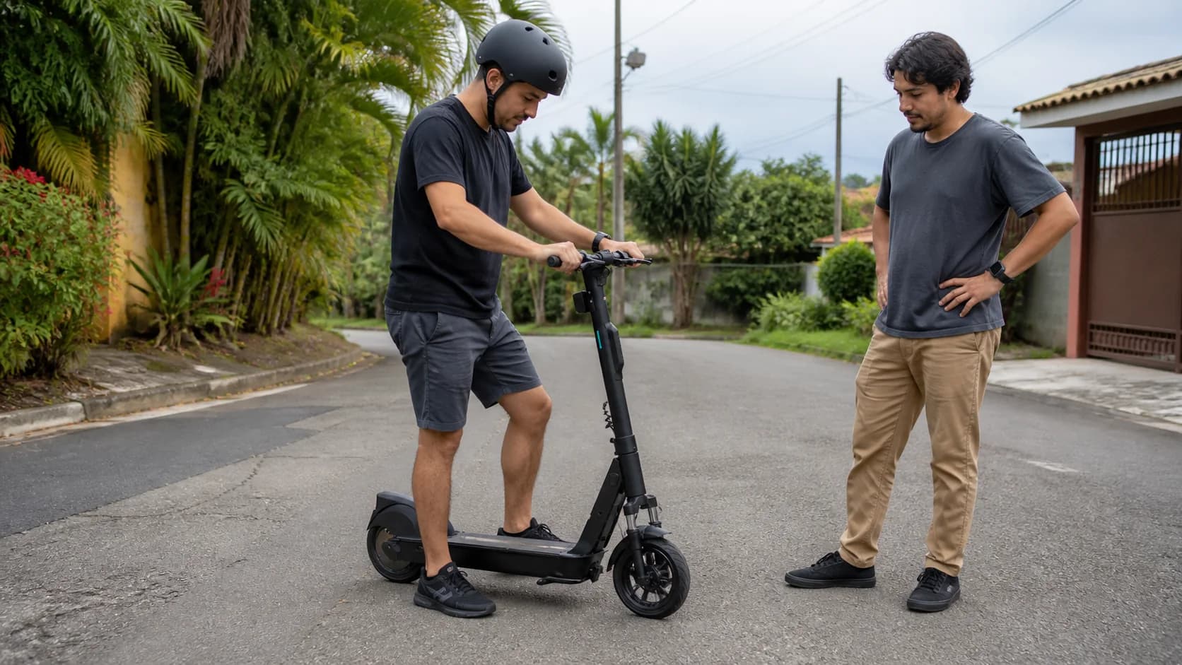 Comprador comprobando los frenos de un OKAI ESM4 antes de probarlo