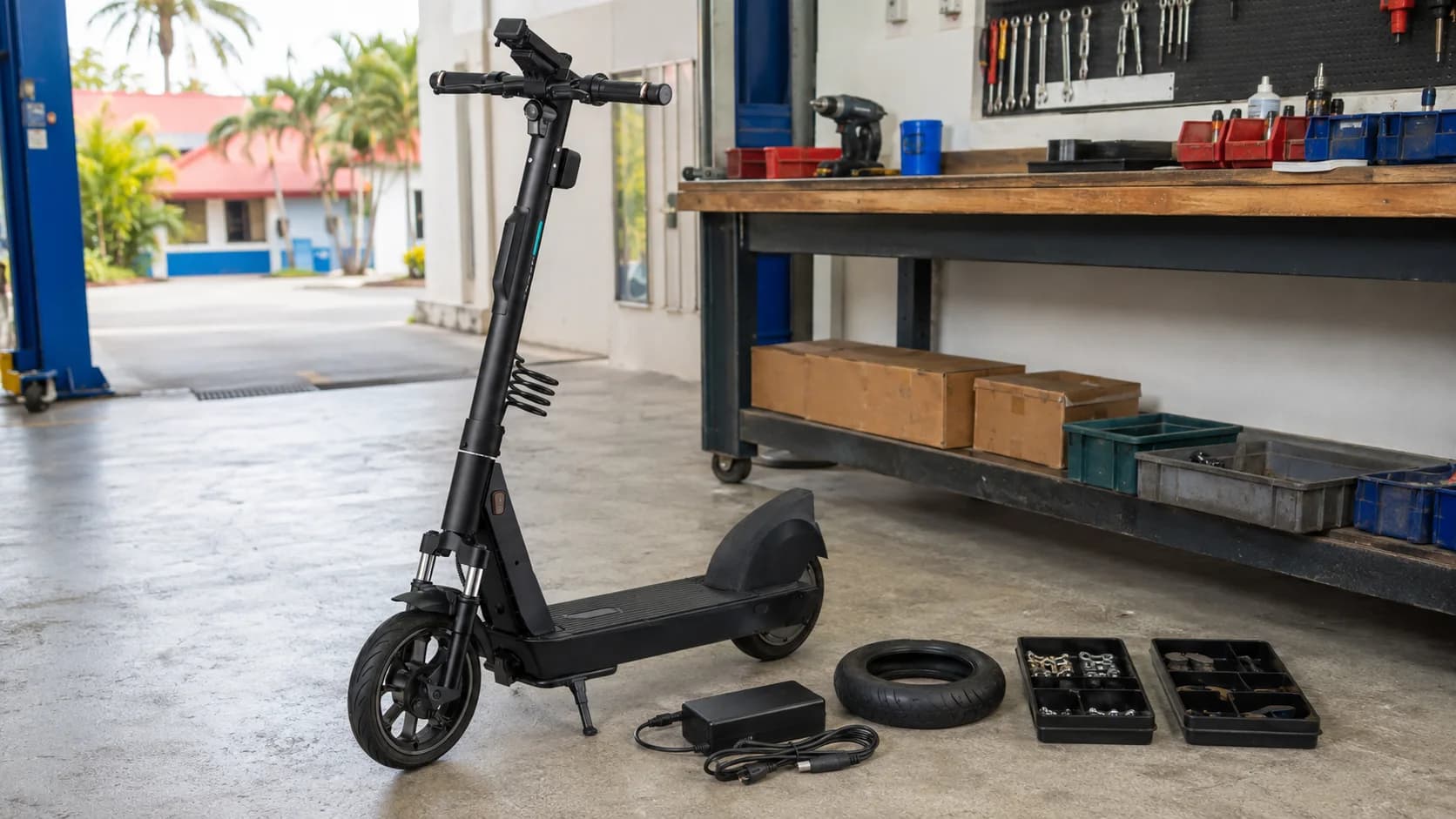 Scooter OKAI junto a cargador, llanta y repuestos compatibles